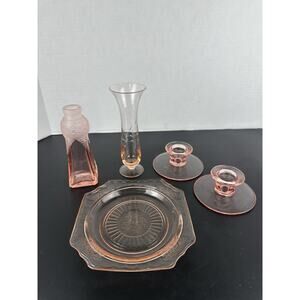 Pink Depression Glass ***5 pc LOT*** Elegant Candle Holders And Vases